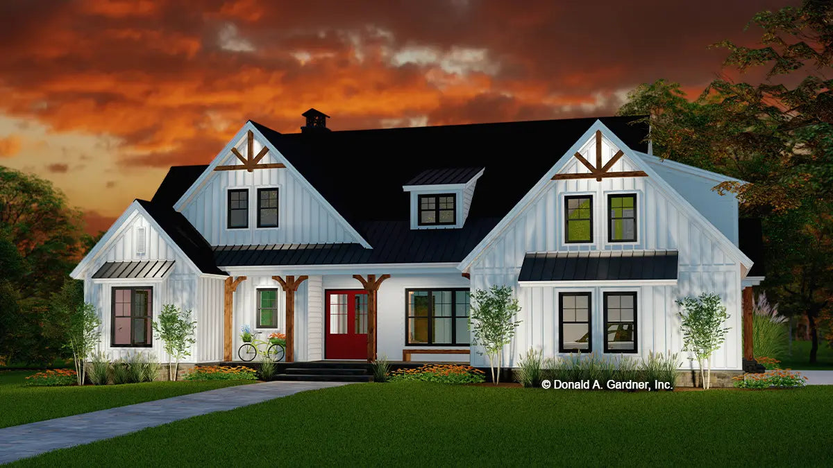 This is an illustration of the front of three bedroom house plan 1526 The Sloan at dusk