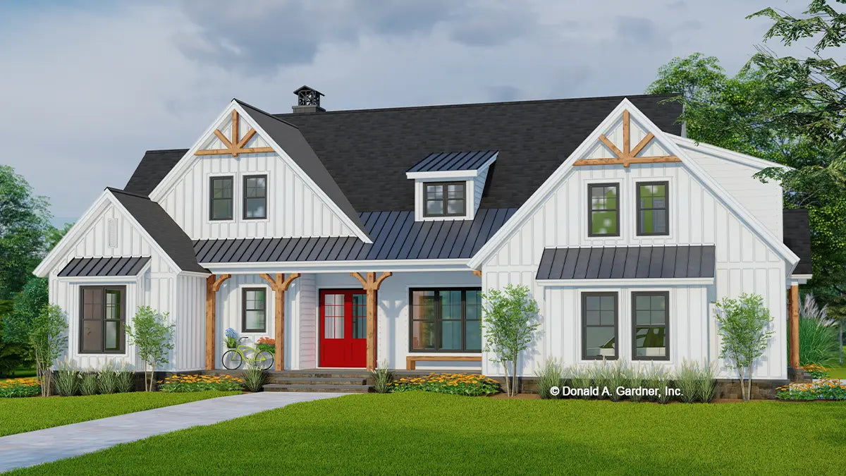 This is an illustration of the front of modern farmhouse house plan 1526 The Sloan