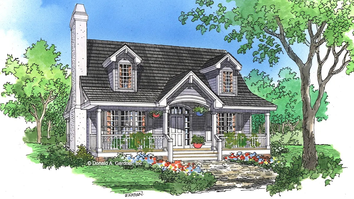 This is an illustration of the front of three bedroom house plan 525 The Smithboro