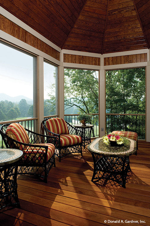 Stained wood panels on the ceiling in the screened in porch. The Solstice Springs plan 5011.