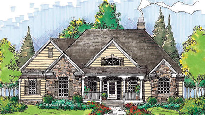 This is an illustration of the front of hillside house plan 1143 The Somersby