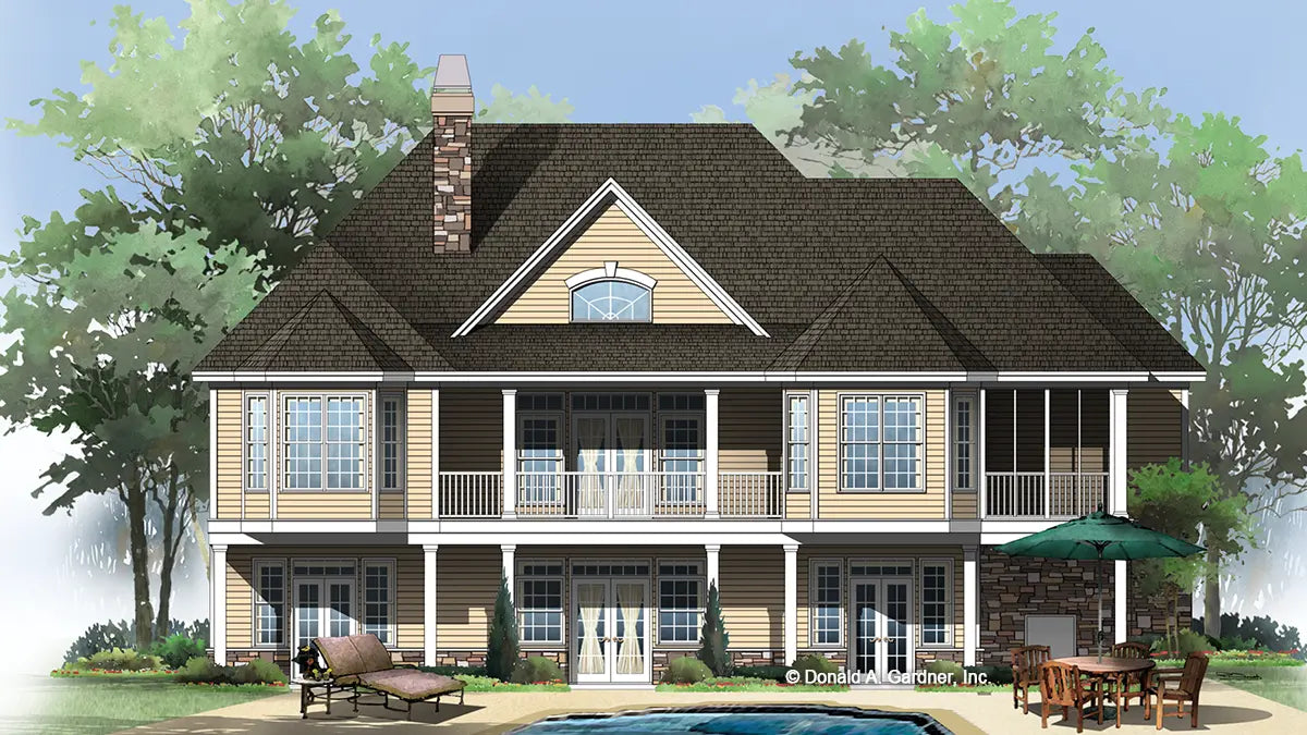 This is an illustration of the rear of walkout basement house plan 1143 The Somersby