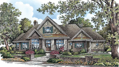 Front view illustration of a brick craftsman style home. The Sorenson plan #1163.