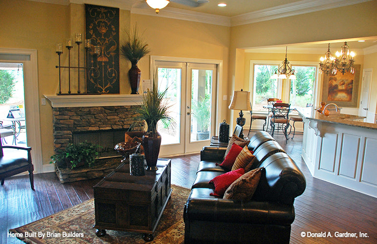 Stone fireplace in the great room. The Sorvino plan 1222.