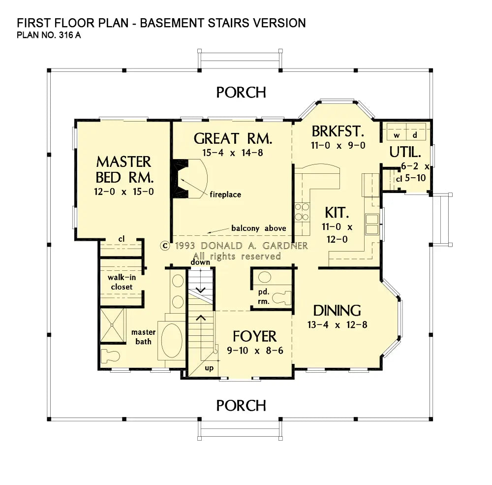 This is the first floor plan image for country house plan 316 The Spaulding if the home is built over a basement