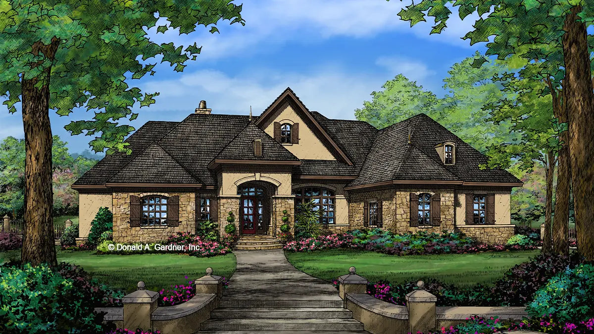 This is an illustration of the front of european house plan 5006 The Spencer Hall 