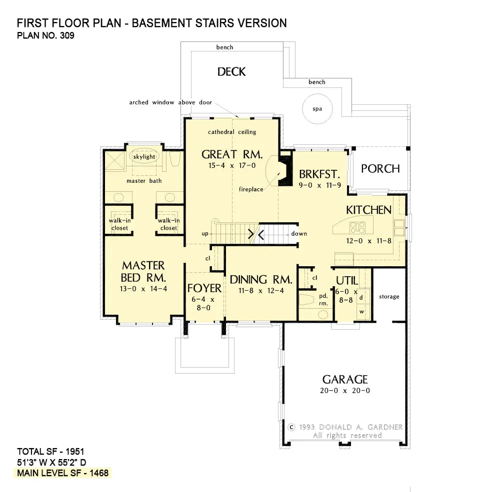 This is the first floor plan image for brick house plan 309 The Spencer if the home is built over a basement