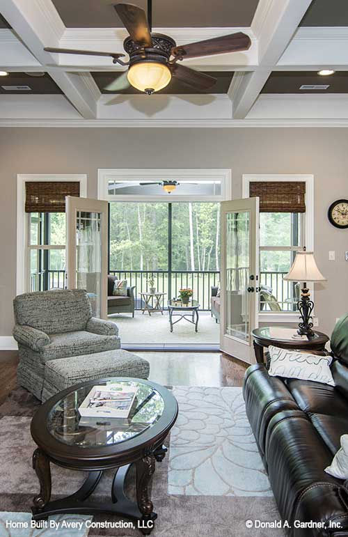 Great room living space picture with coffered ceiling shown for house plan 1310 The Spotswood