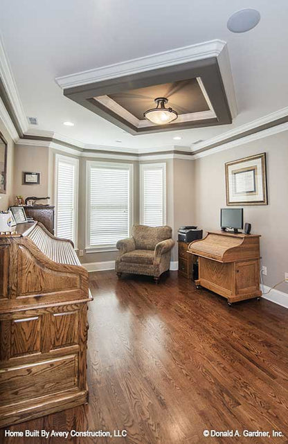 Study room picture showing window and ceiling treatments for house plan 1310 The Spotswood