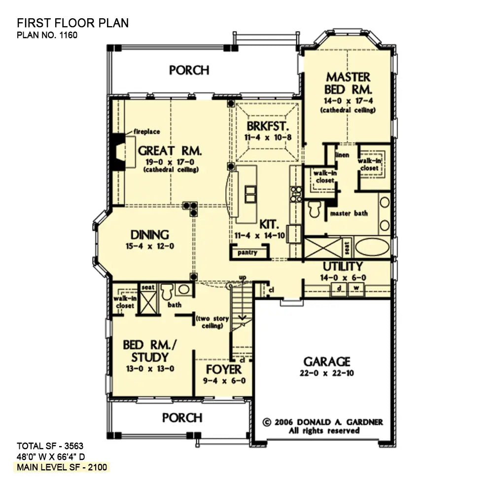 first floor layout, 2 car garage, foyer and study in the front of the house with dining area, great room and large kitchen in the rear with the master suite in the right rear of the home