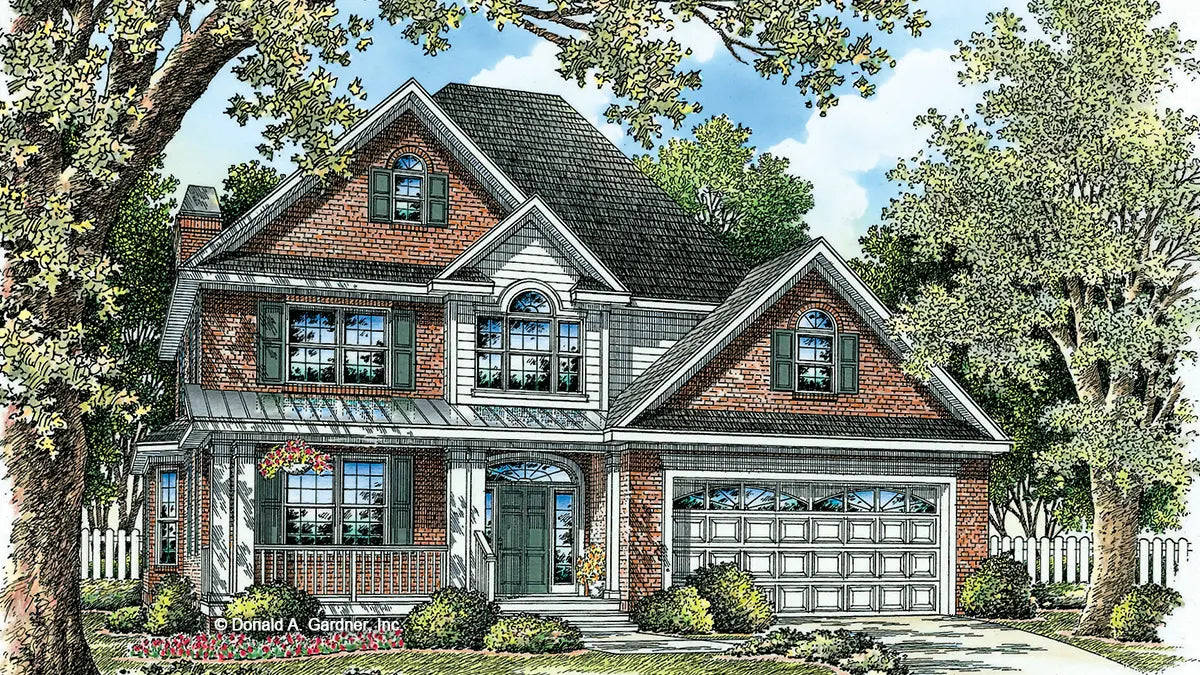 red brick, green shutters, and metal roof over the front porch with white trim