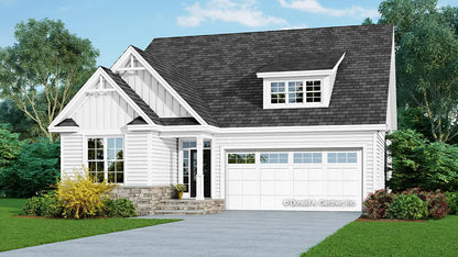 This is an illustration of the front of Narrow Lot Cottage house plan 1390 The Stanley