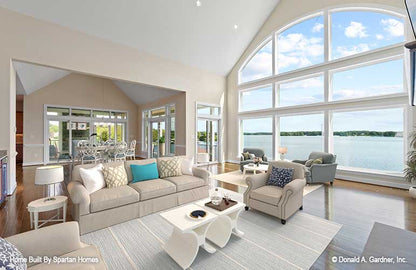 This is a great room picture with rear views of luxury house plan 876 The Steeplechase