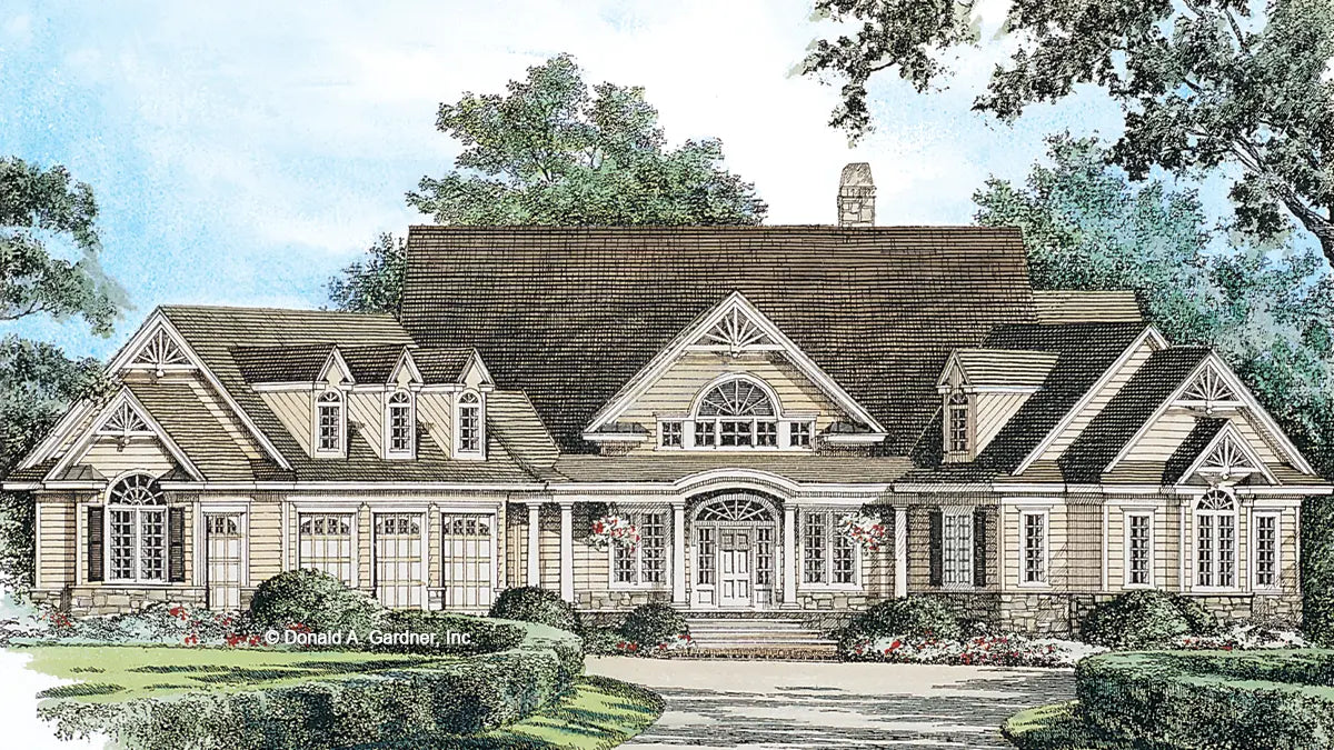 This is an illustration of the front of walkout basement house plan 876 The Steeplechase