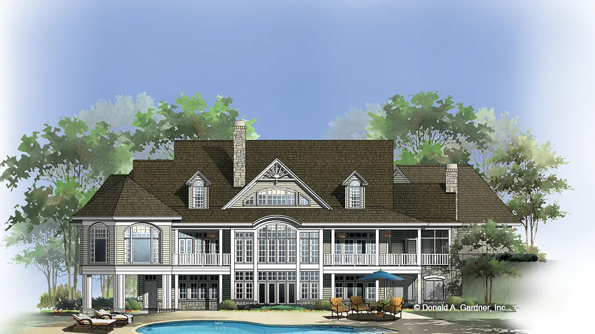 This is an illustration of the rear of luxury house plan 876 The Steeplechase