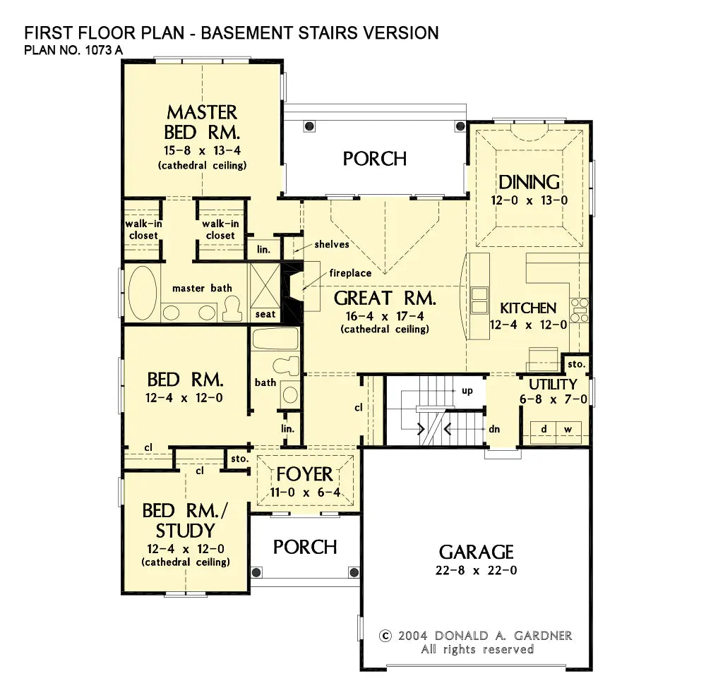 This is the first floor plan image for small house plan 1073 The Sterling if the home is built over a basement