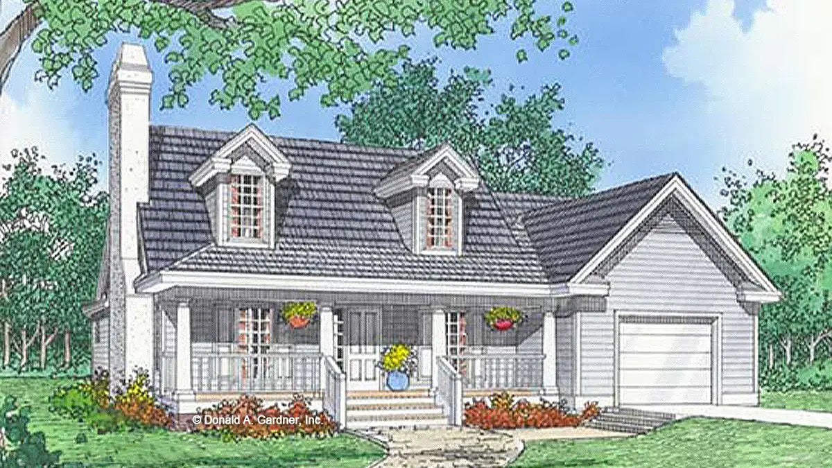 This is an illustration of the front of small house plan 458 The Still Hollow