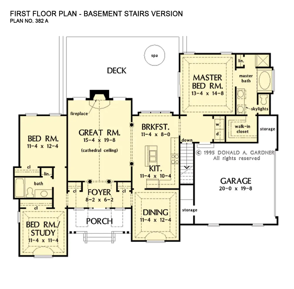 This is the first floor plan image for one-story house plan 382 The Stockton if the home is built over a basement