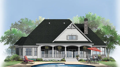 This is an illustration of the rear of one story house plan 1094 The Stonebridge