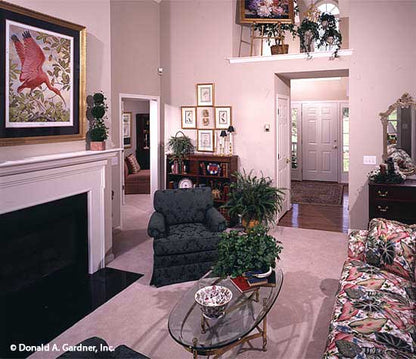 Fireplace and mantel in the great room. The Stratford plan 384.