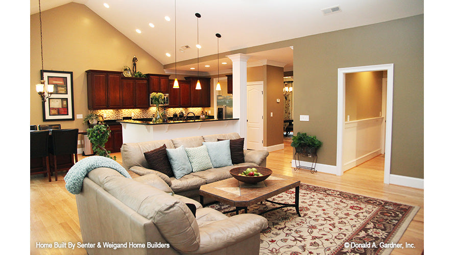 Wood floors in the great room. The Summerhill plan 1090.