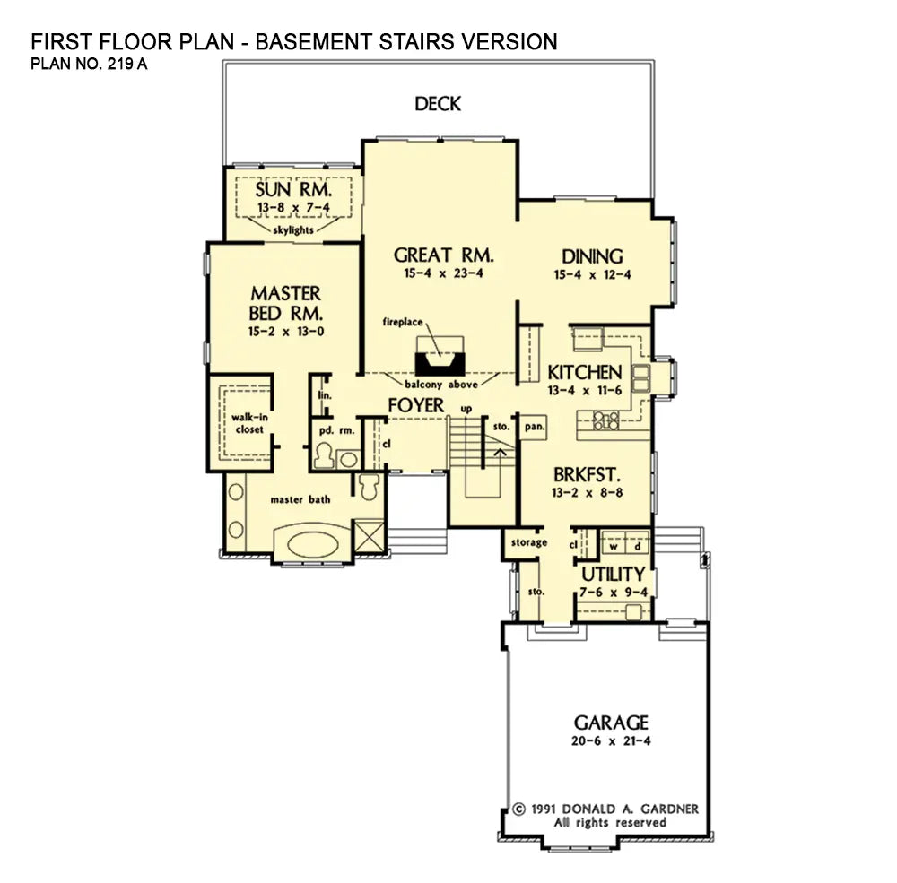 This is the first floor plan image for contemporary house plan 219 The Sundance if the home is built over a basement