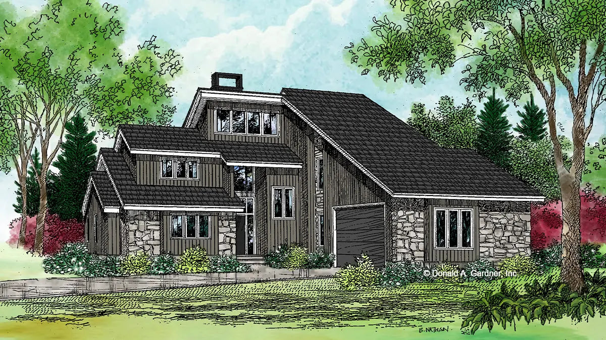 This is an illustration of the front of modern house plan 219 The Sundance