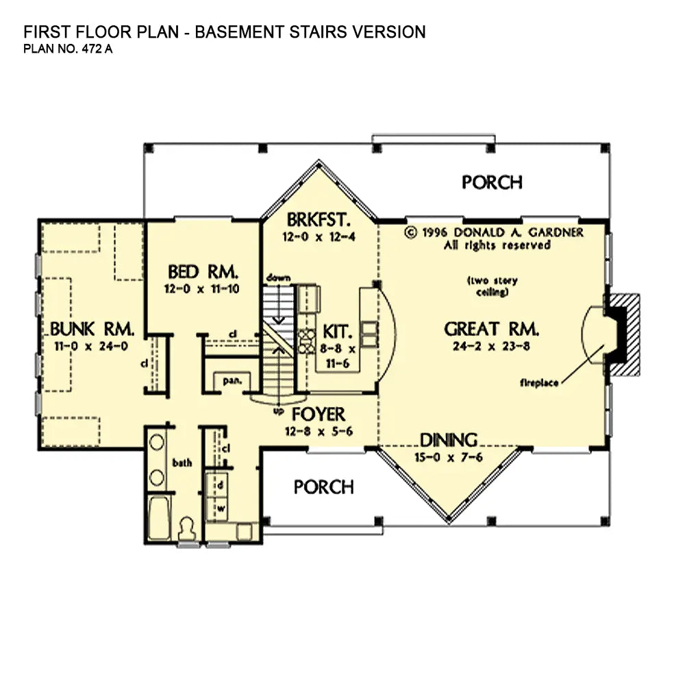 This is the first floor plan image for farmhouse plan 472 The Susquehanna if the home is built over a basement