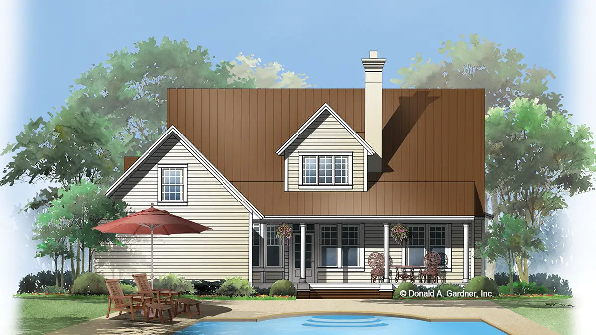 This is an illustration of the rear of farmhouse house plan 517 The Sweetwater