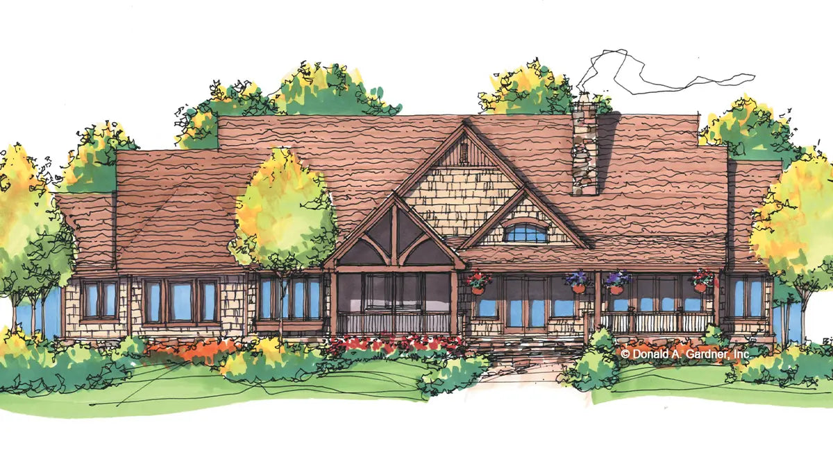 Rear view illustration of a craftsman style home with a screened in porch.  The Sycamore Hall plan 5000.