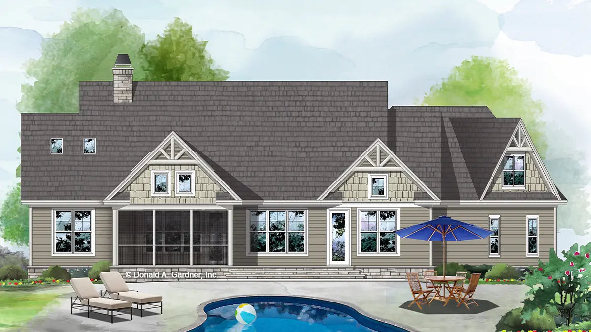 This is an illustration of the rear of Craftsman house plan 1438 The Sydney