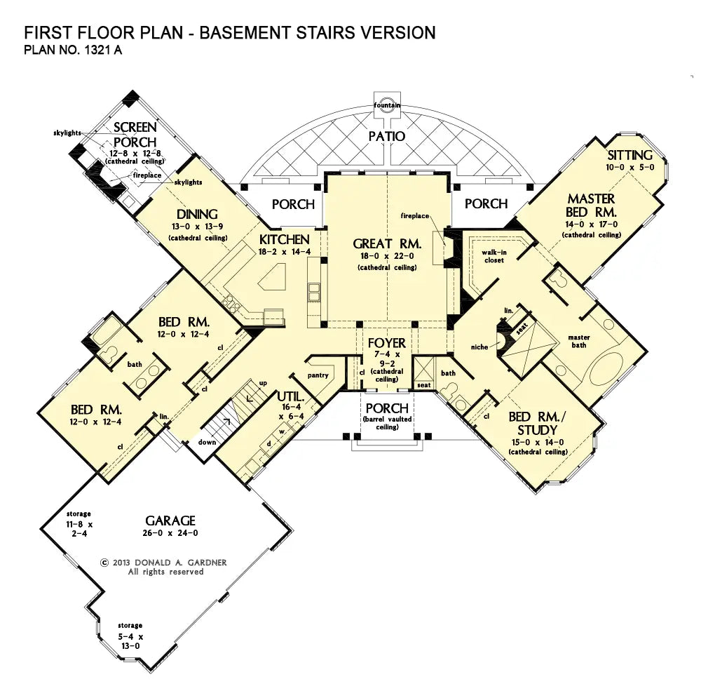 This is the first floor plan image for ranch house plan 1321 The Sylvan if the home is built over a basement