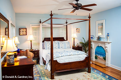 Flat ceiling and blue walls in the master bedroom. The Tamassee plan 333.