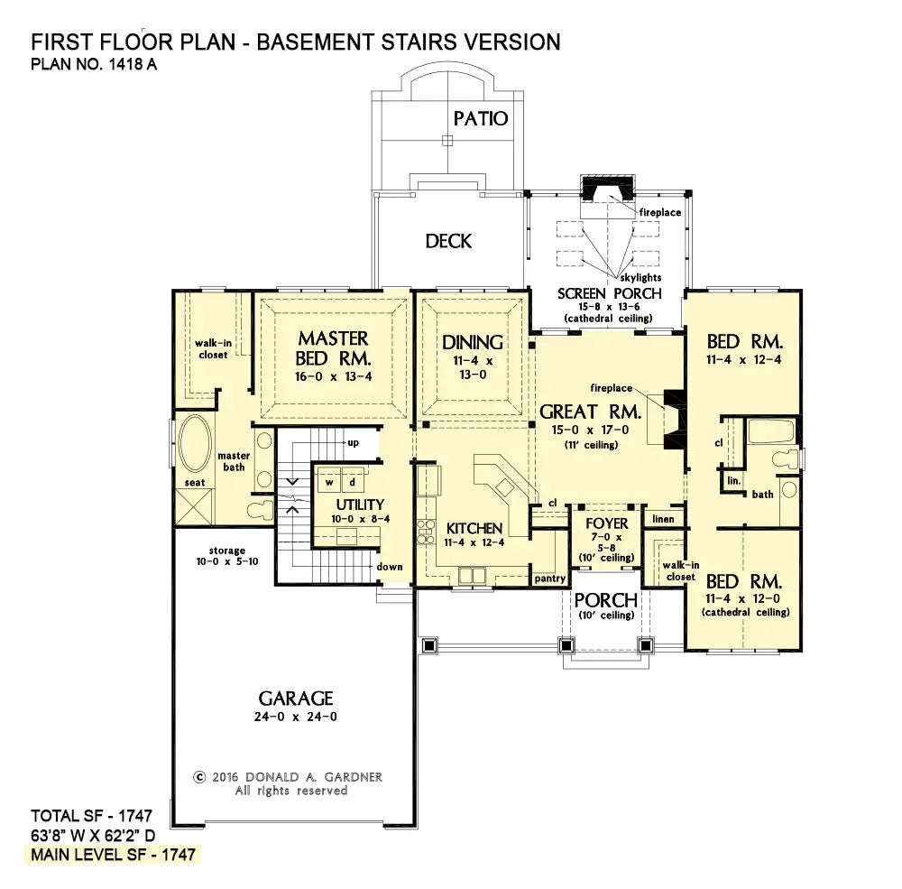 This is the first floor plan image for three bedroom house plan 1418 The Tanner if the home is built over a basement