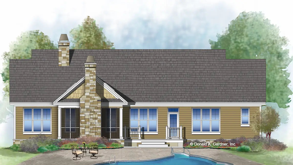 This is an illustration of the rear of three bedroom house plan 1418 The Tanner