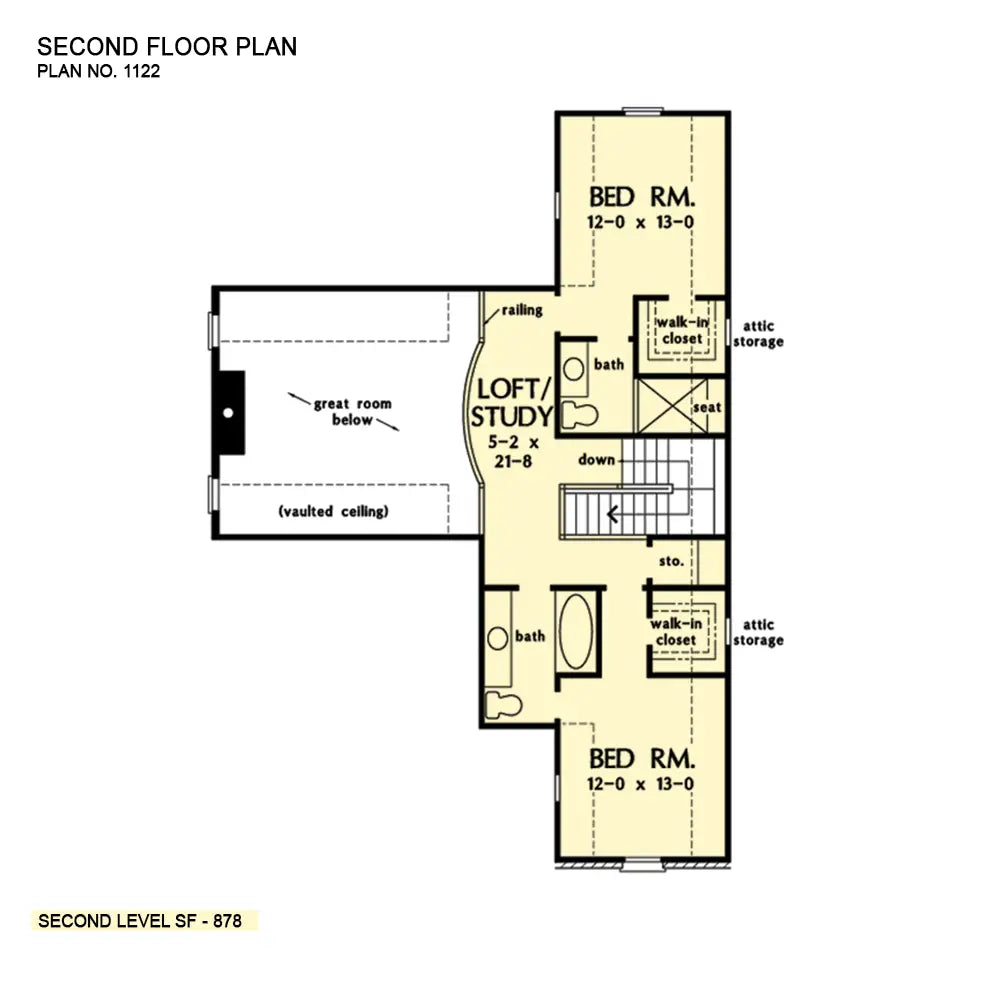 This is the second floor plan image for three bedroom house plan 1122 The Terrell