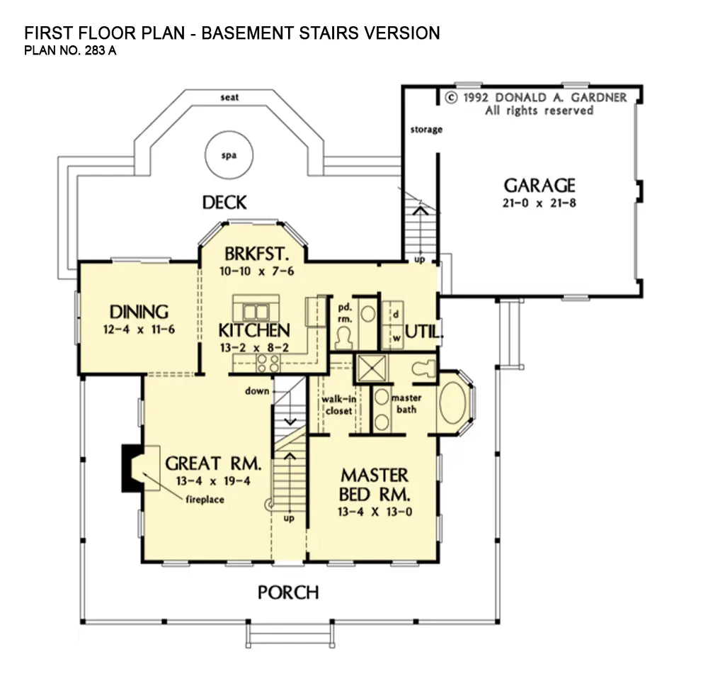 This is the first floor plan image for three bedroom house plan 283 The Thackery if the home is built over a basement