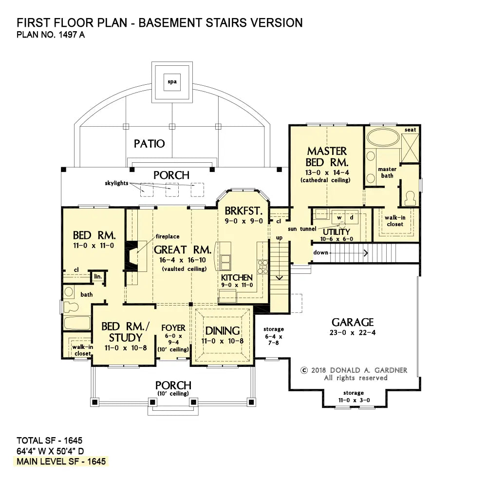 This is the first floor plan image for house plan 1497 The Thomasina if the home is built over a basement