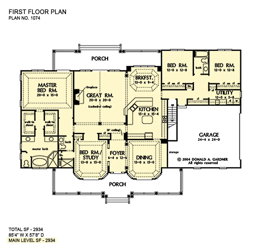 wide first floor layout has the 2 car garage to the right, the large central front porch, with the master suite to the left, with the study and dining area up front and great room and kitchen in the rear