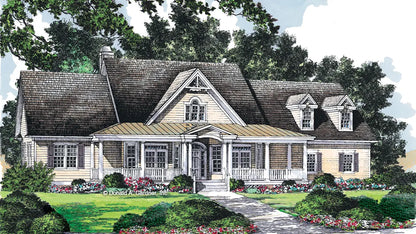 massive front porch covered with a metal roof, a prominent gable with a Palladian window and decorative bracket, and two bay windows with French doors, this farmhouse evokes a rugged welcoming sophistication