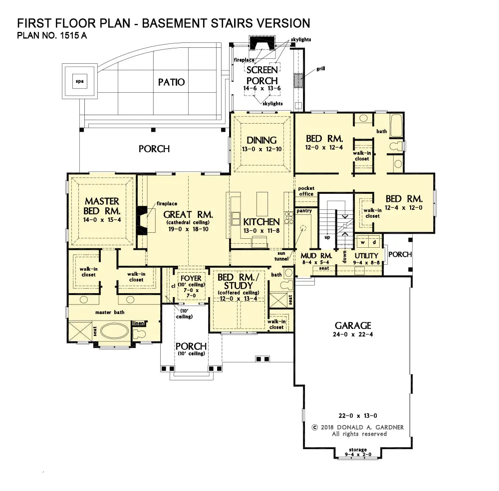 This is the first floor plan image for one story house plan 1515 The Thurman if the home is built over a basement