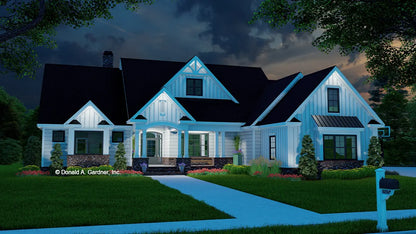 This is an illustration of the front of four bedroom house plan 1515 The Thurman at dusk