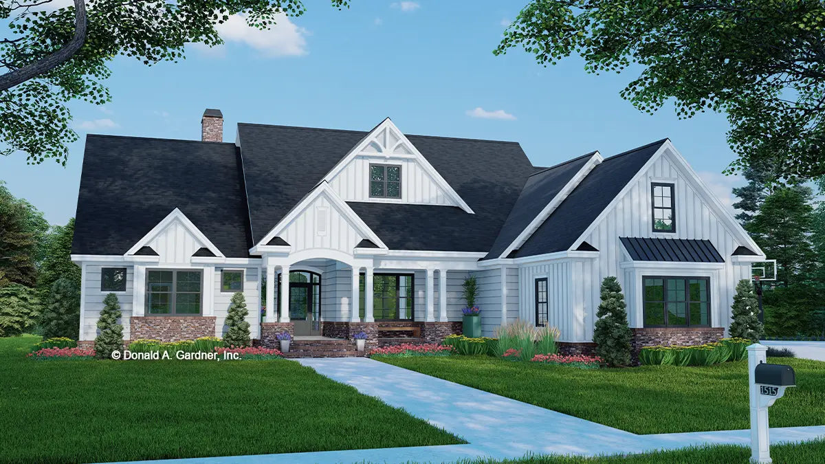 This is an illustration of the front of modern farmhouse house plan 1515 The Thurman