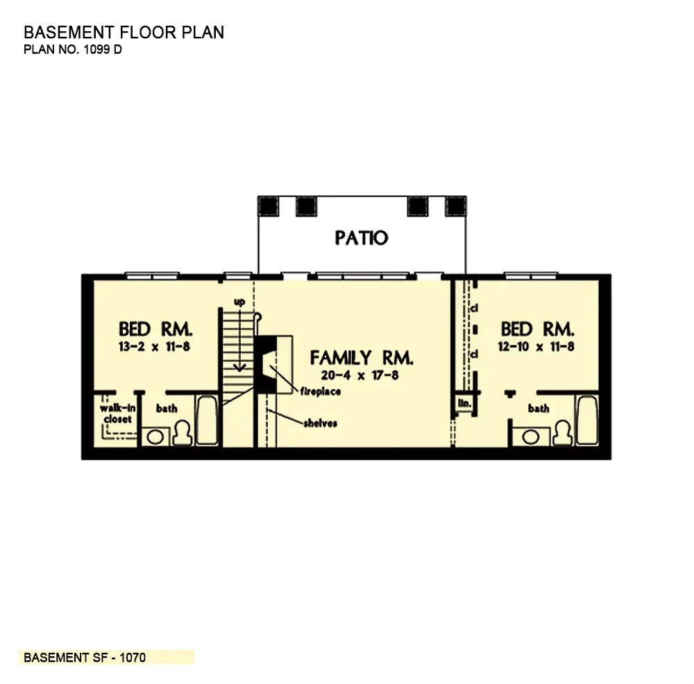 basement floor plan with central family room with a fireplace and bedrooms and baths on either side and a rear patio