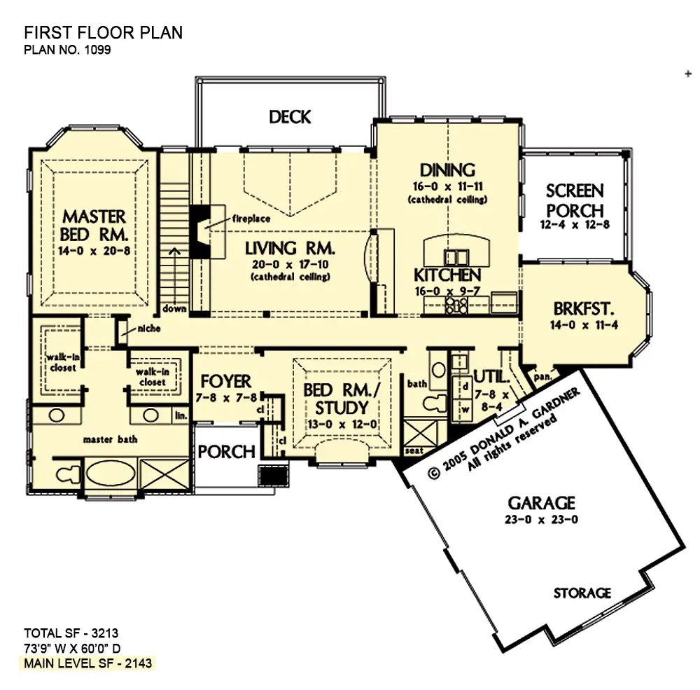 main floor layout with an angled courtyard garage on the right, master suite on the left, study, utility room, screened porch, and the living room open to the kitchen and dining area