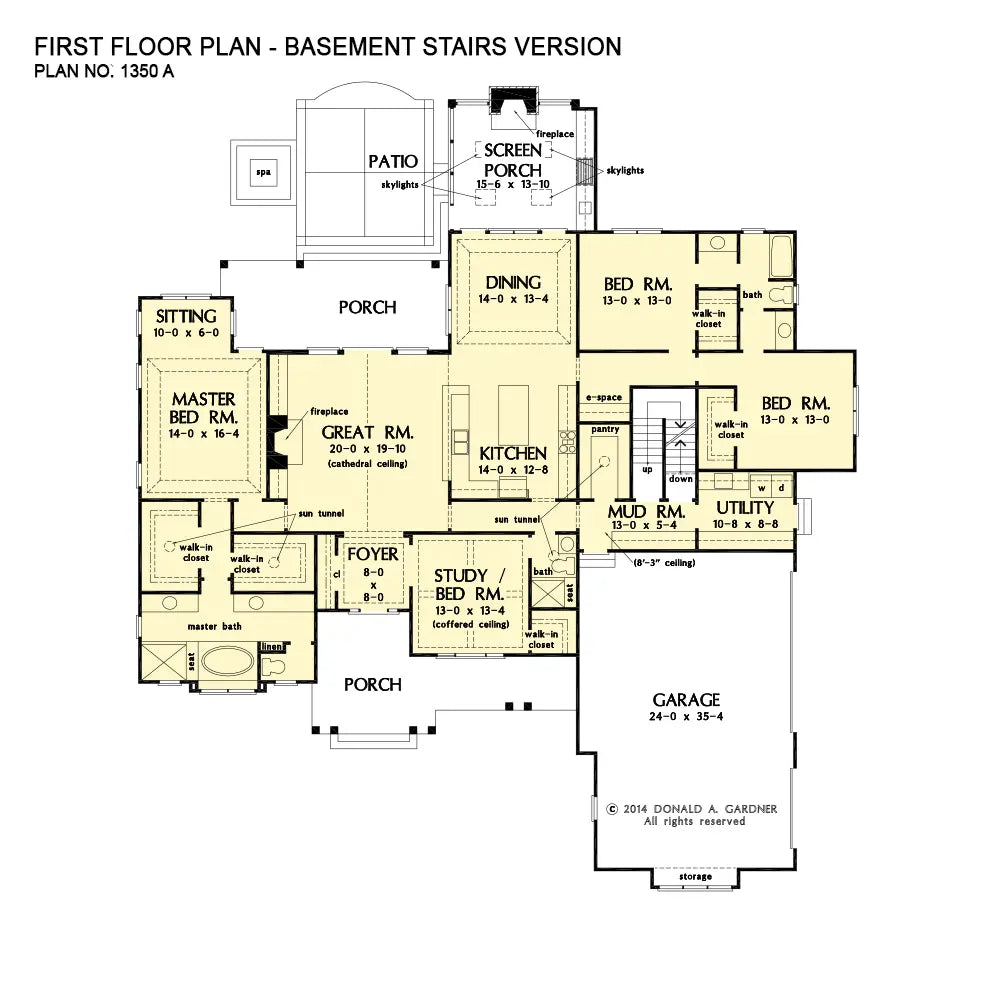 This is the first floor plan image for ranch house plan 1350 The Travis if the home is built over a basement