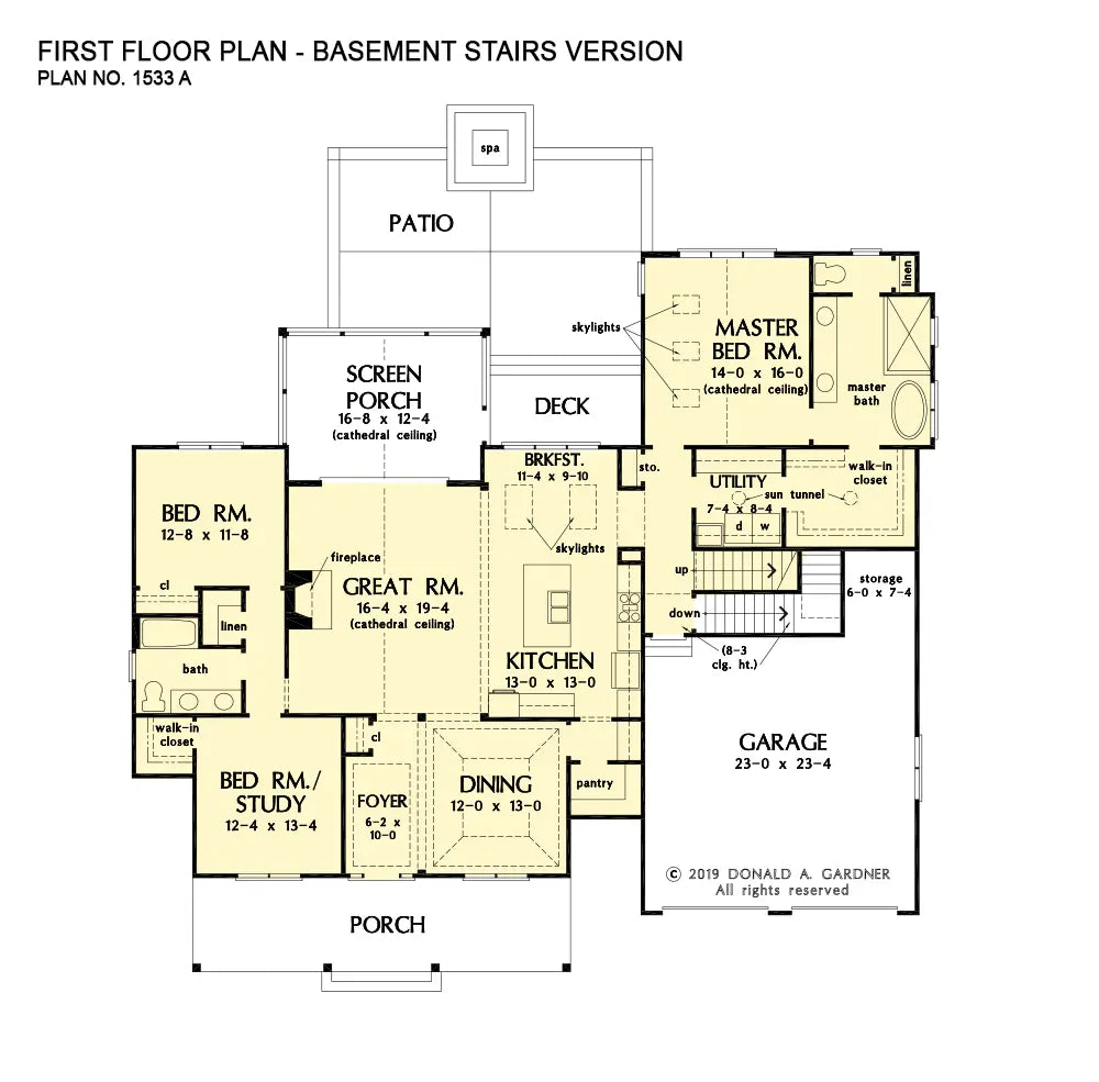 This is the first floor plan image for country house plan 1533 The Trevor if the home is built over a basement