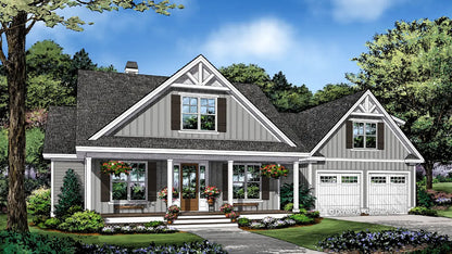 This is an illustration of the front of Craftsman house plan 1533 The Trevor