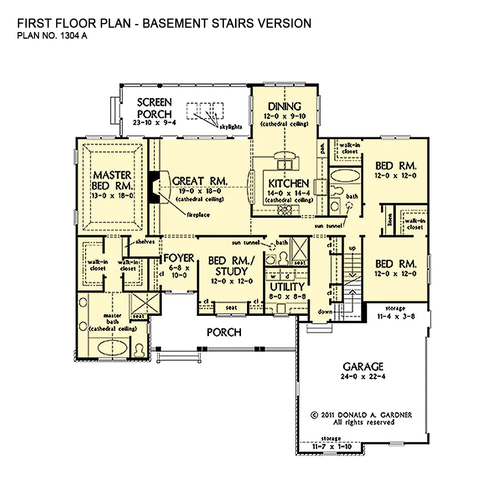 This is the first floor plan image for four bedroom house plan 1304 The Trinity if the home is built over a basement