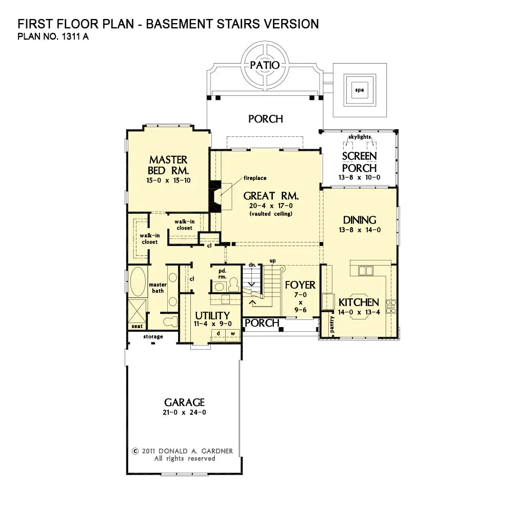 This is the first floor plan image for cottage house plan 1311 The Tristan if the home is built over a basement